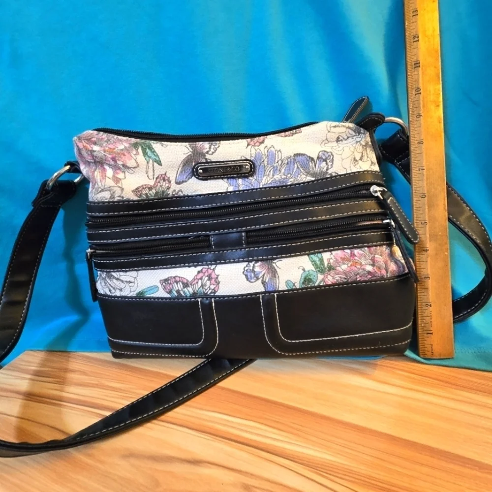 Stone & Co. Shoulder Bag Colorful Butterflies Black Trim Zipper Pockets Purse